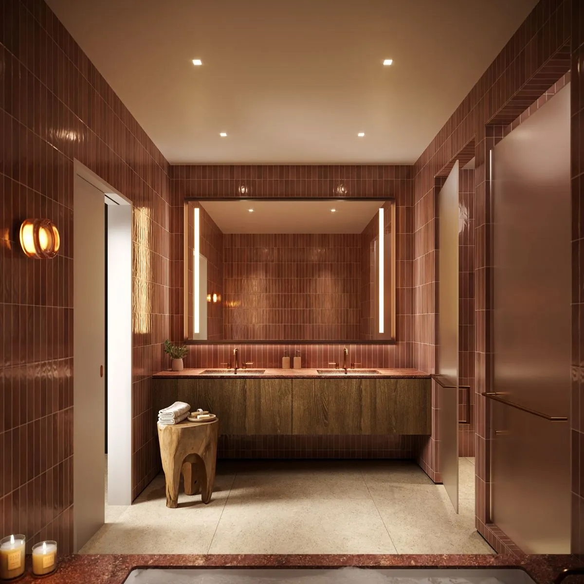 Primary bathroom in the Dawn palette, with clay-rose tile