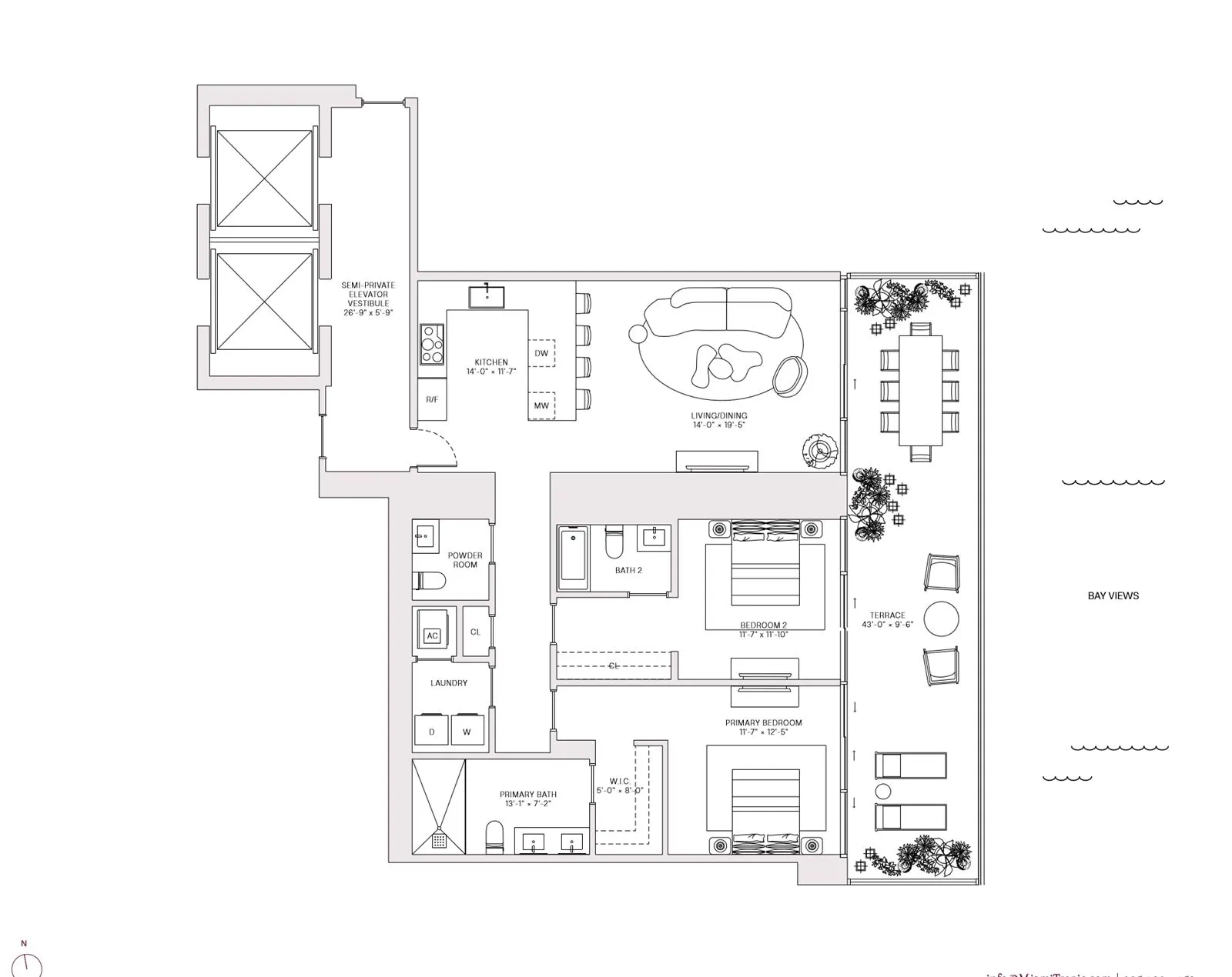 Floor plan of Residence 02B, two bedrooms, floors 9 to 19