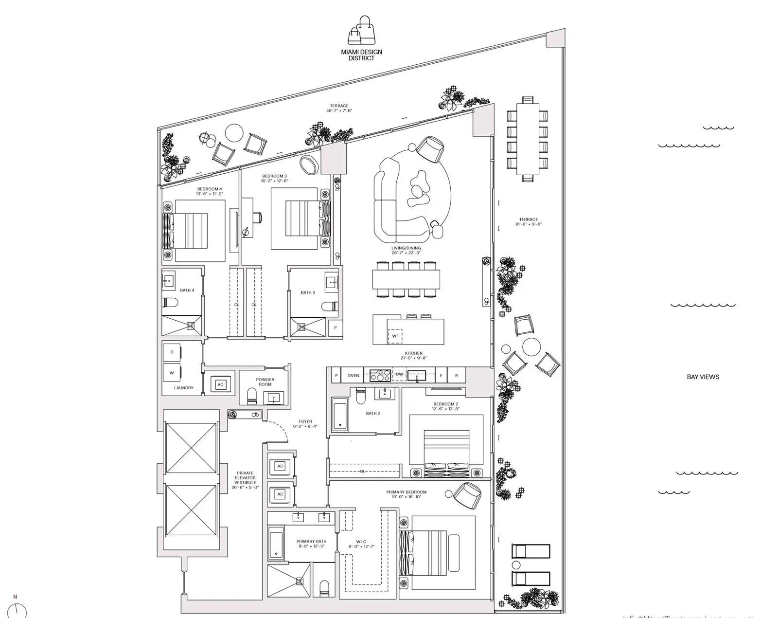 Floor plan of Residence 01, four bedrooms, floors 31 to 47