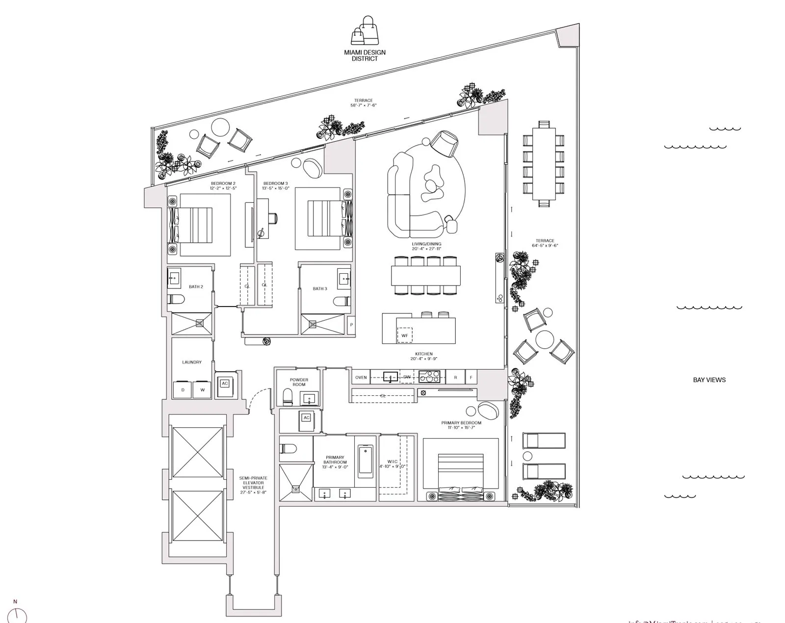 Floor plan of Residence 01B, three bedrooms, floors 9 to 19