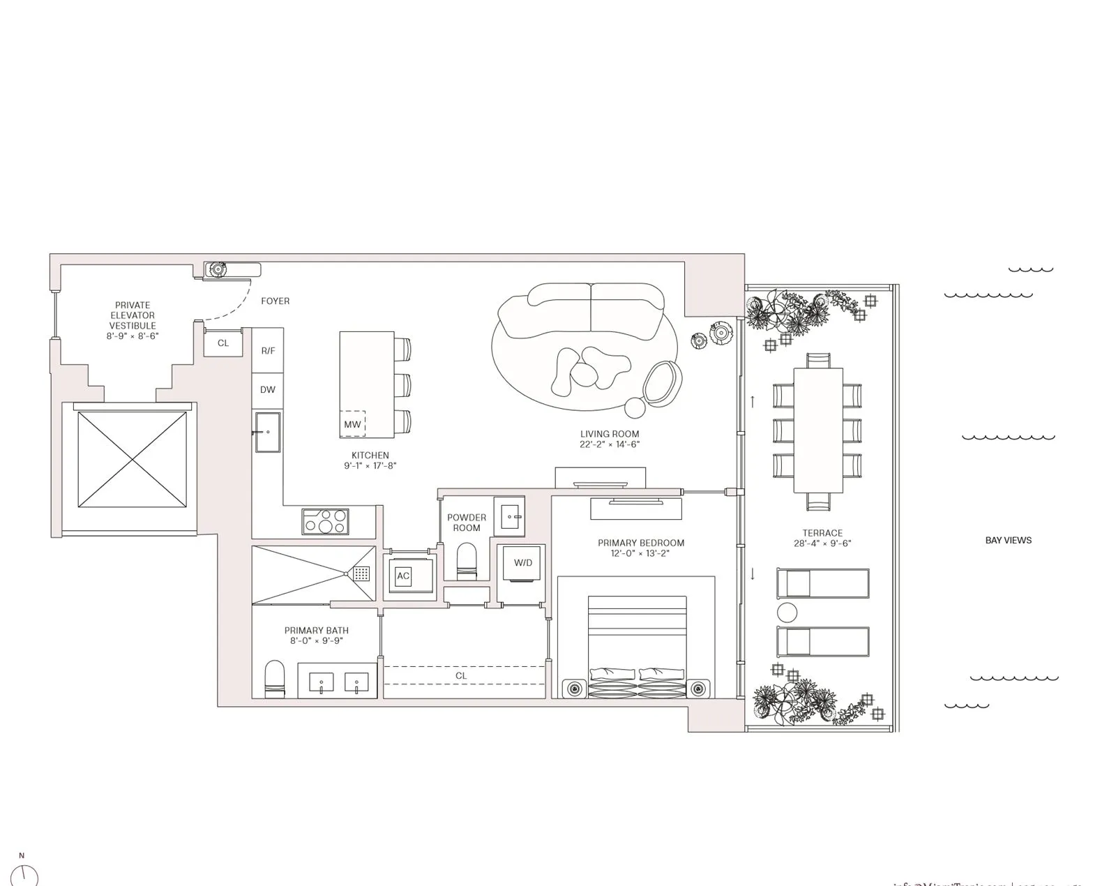 Floor plan of Residence 10, one bedroom, floors 9 to 19