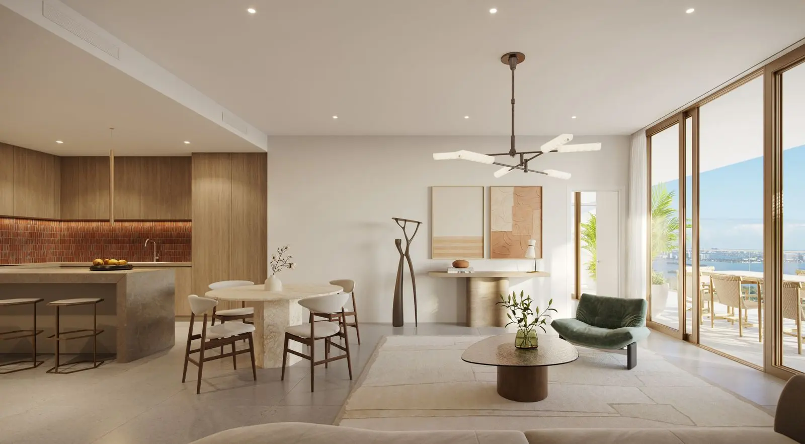Rendering of the kitchen, dining and living area in Residence 02