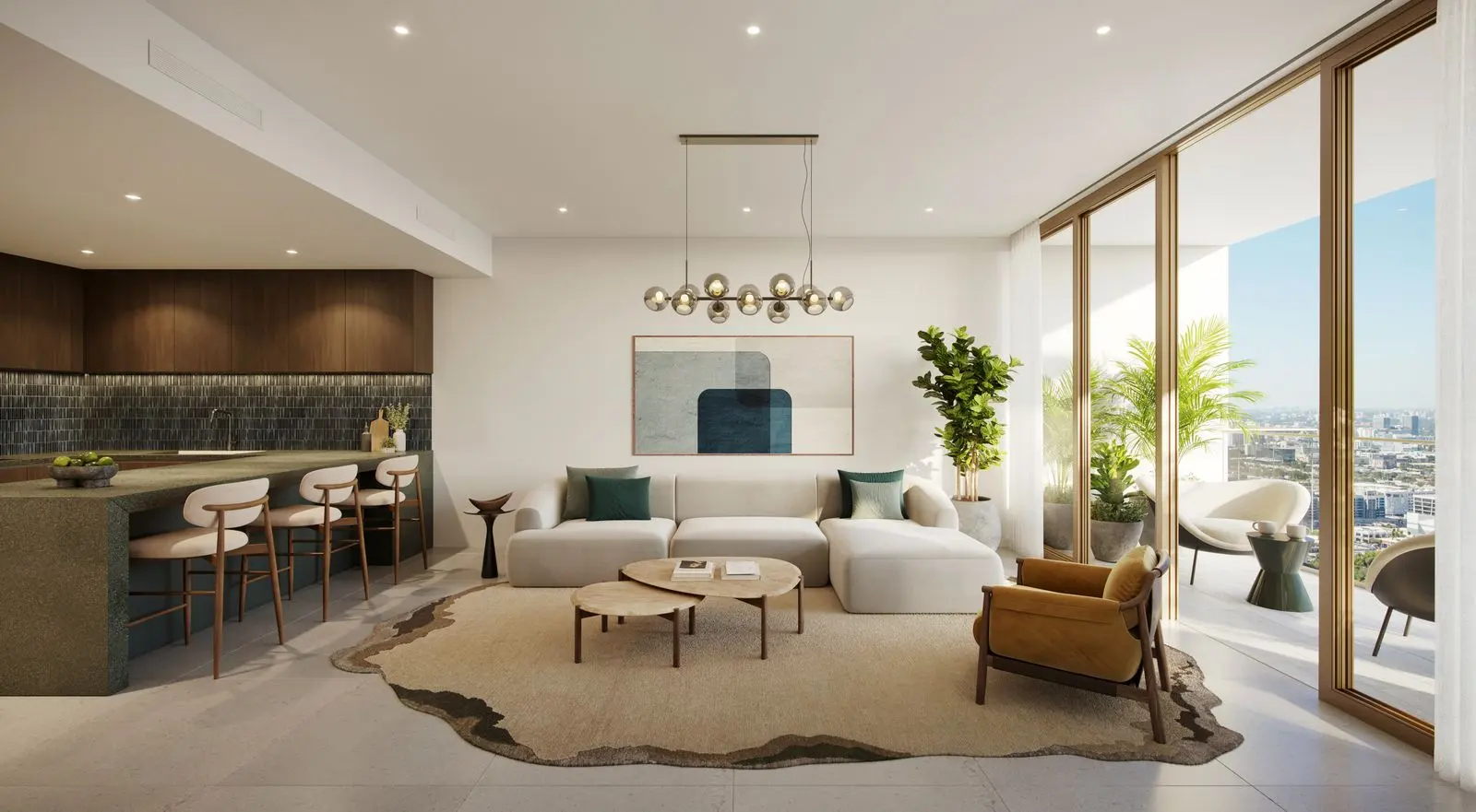Rendering of the living room and kitchen in Residence 06, a one-bedroom