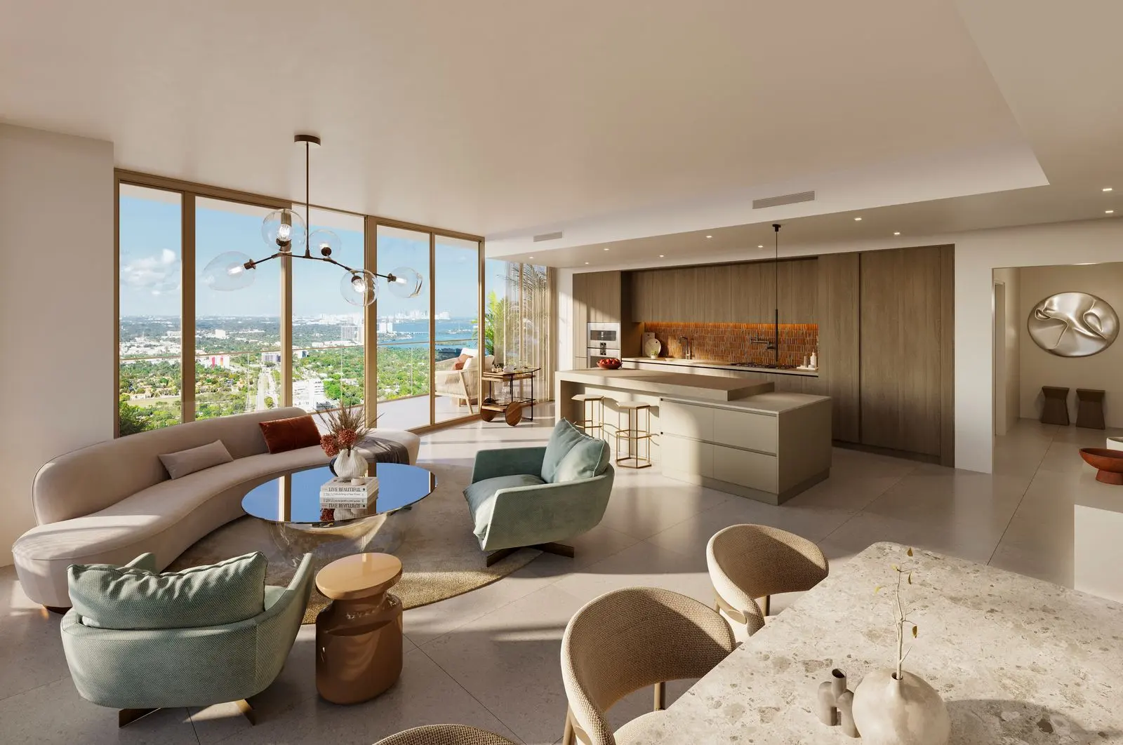 Rendering of the living room, kitchen and dining area in Residence 09