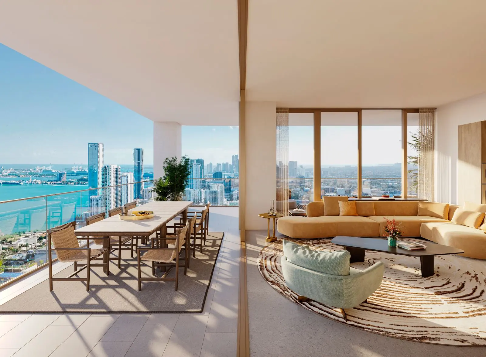 Reference rendering: dining and living area with Downtown views