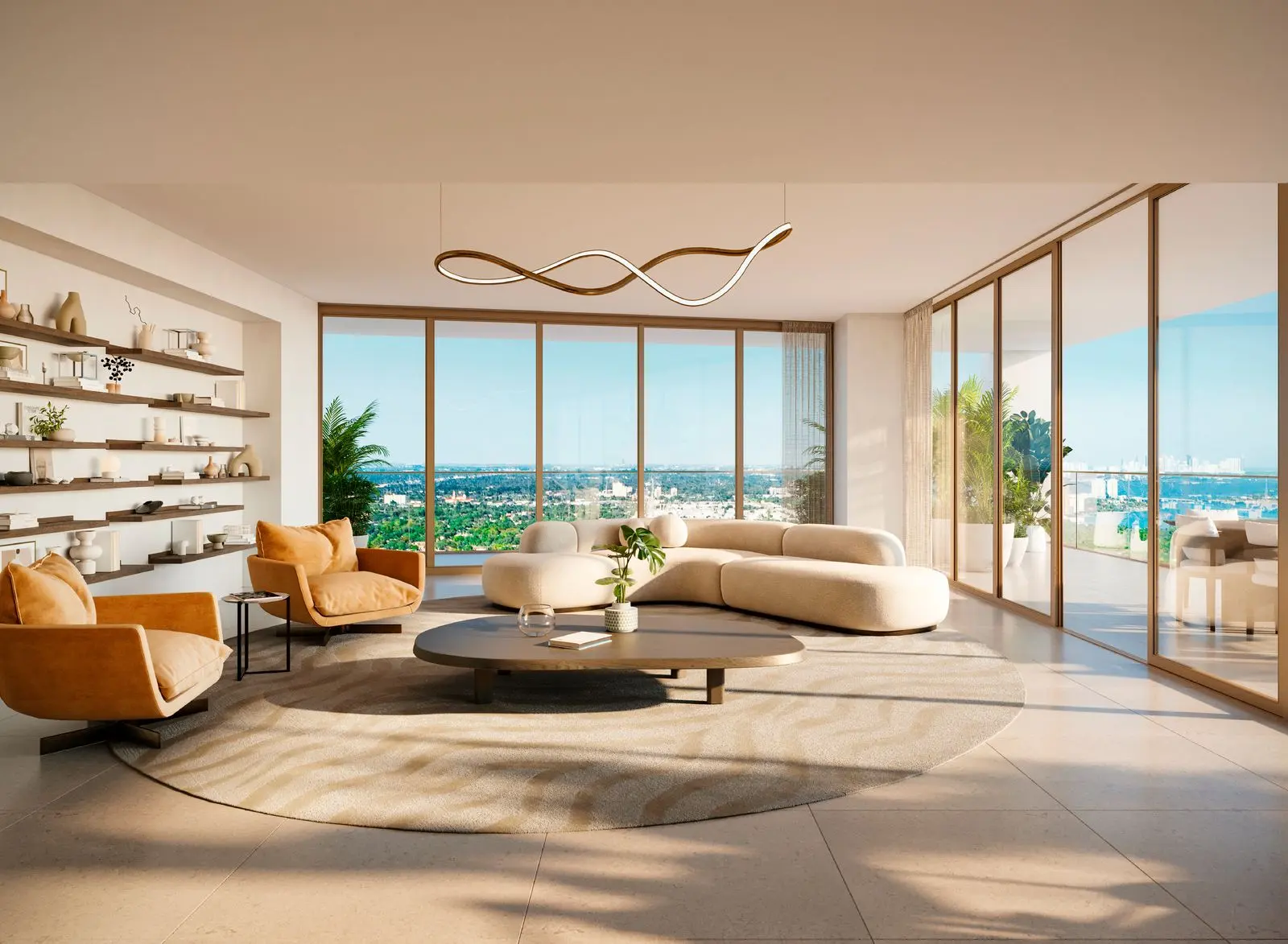 Rendering of the Residence 01 living room with bay views
