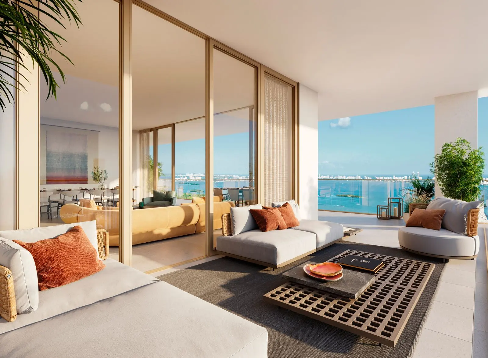 Reference rendering: living room opening onto the terrace with bay views