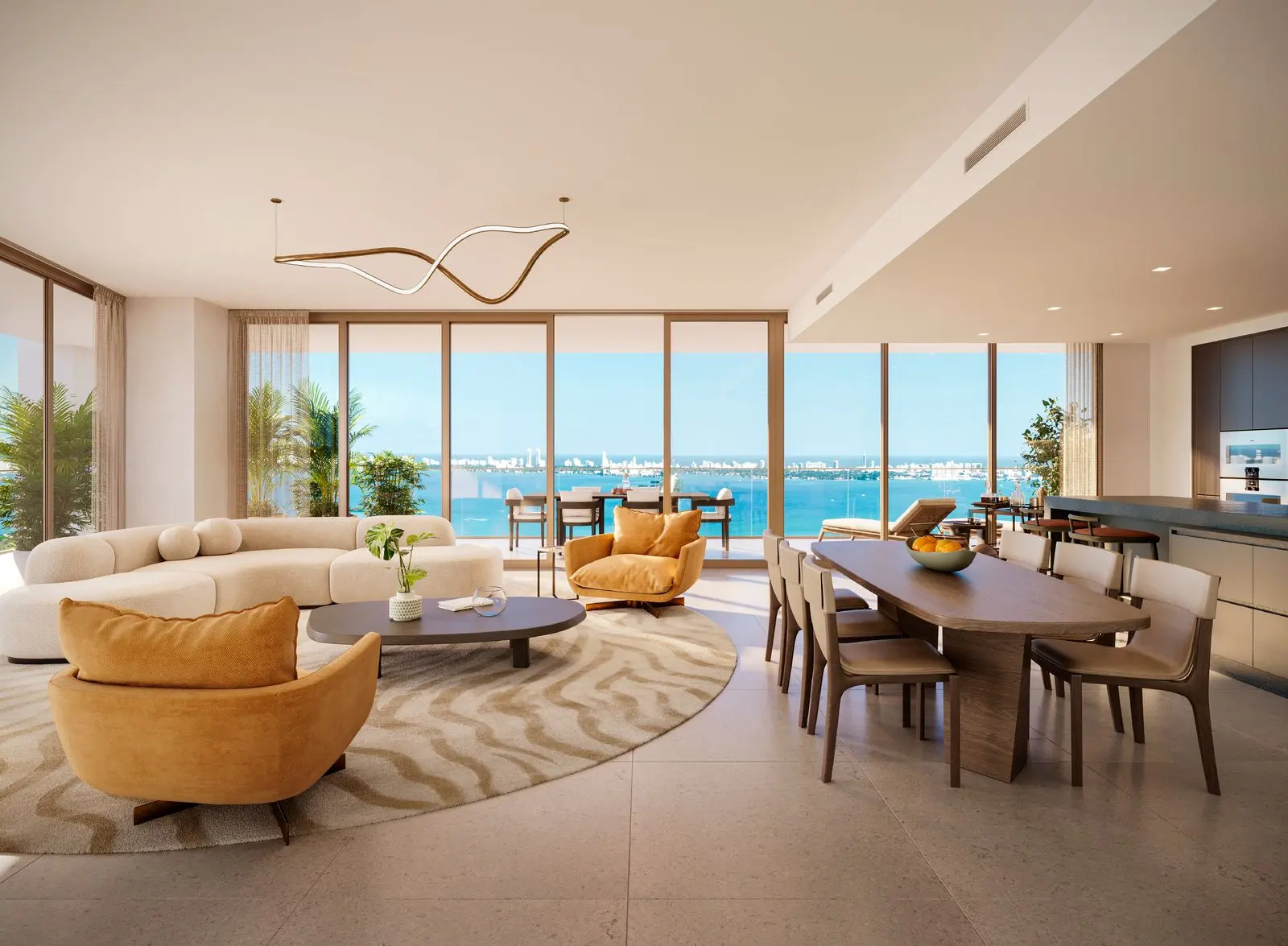 Rendering of the living and dining area in Residence 01