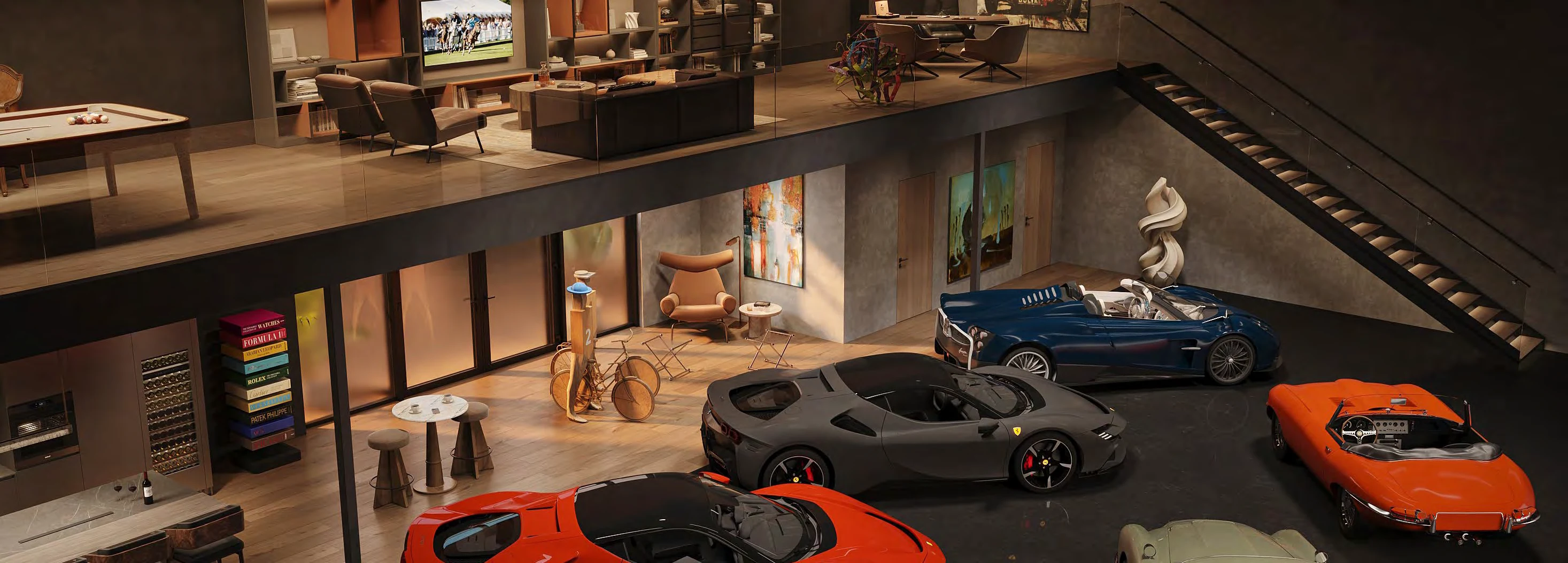 Private collector suite with a car gallery and a mezzanine lounge