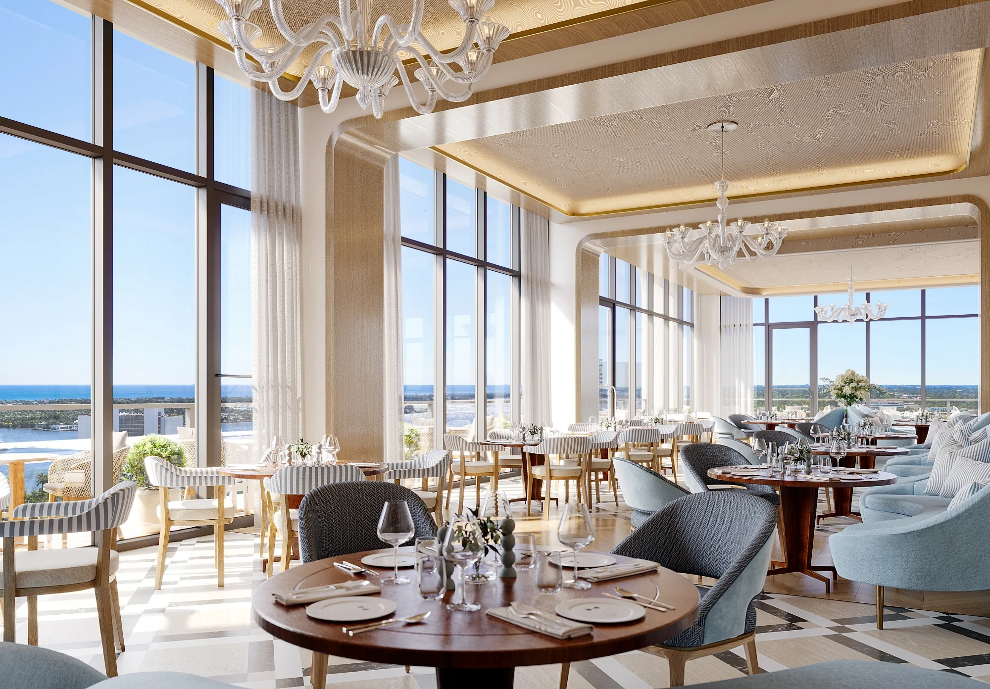 Rendering of the Bellini restaurant dining room with tall windows and views