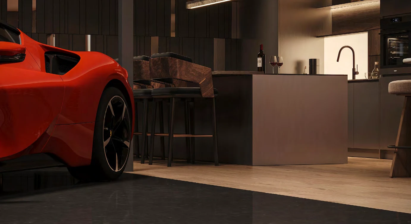 Rendering of a suite kitchenette with Italian cabinetry, wine display and a red sports car