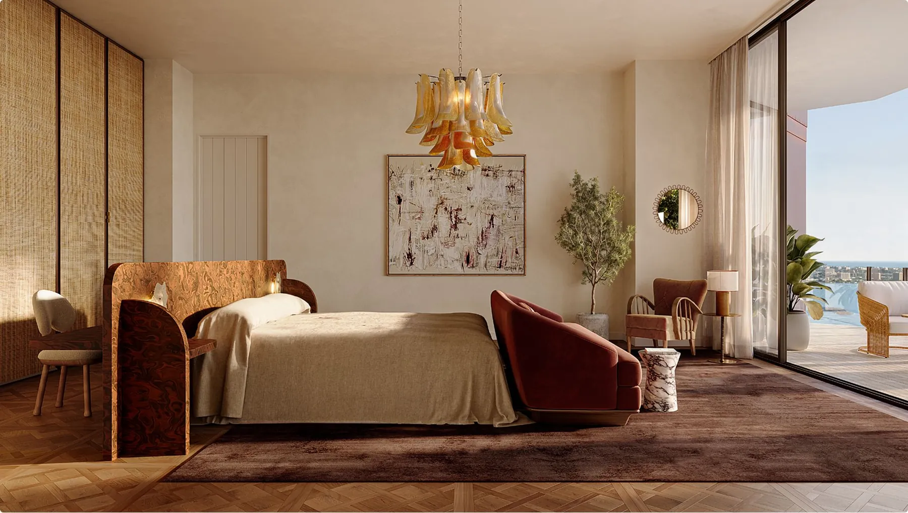 The primary bedroom with a wood-framed bed and bay views
