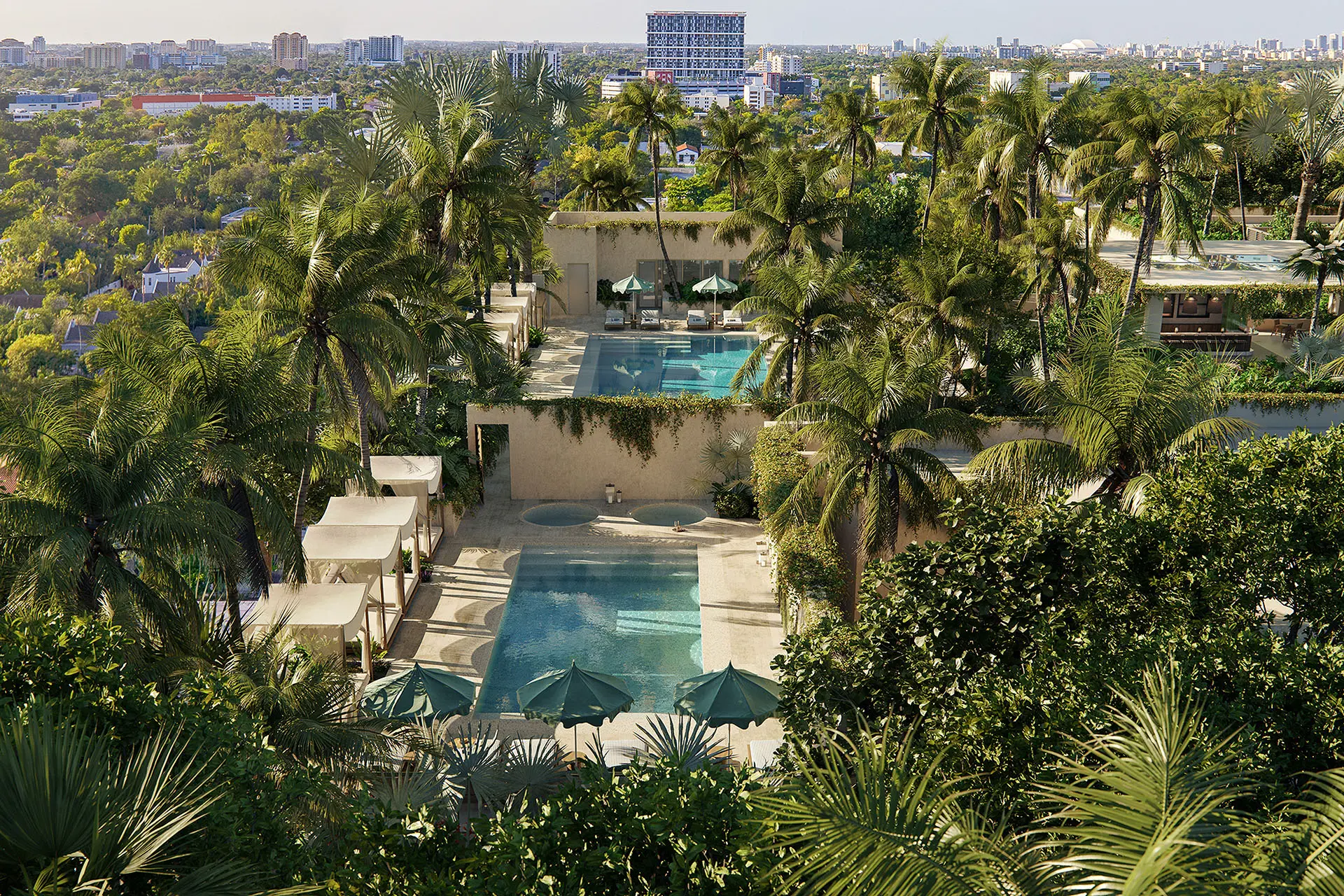 Rendering of the rooftop pools and cabanas surrounded by palm trees above Coconut Grove