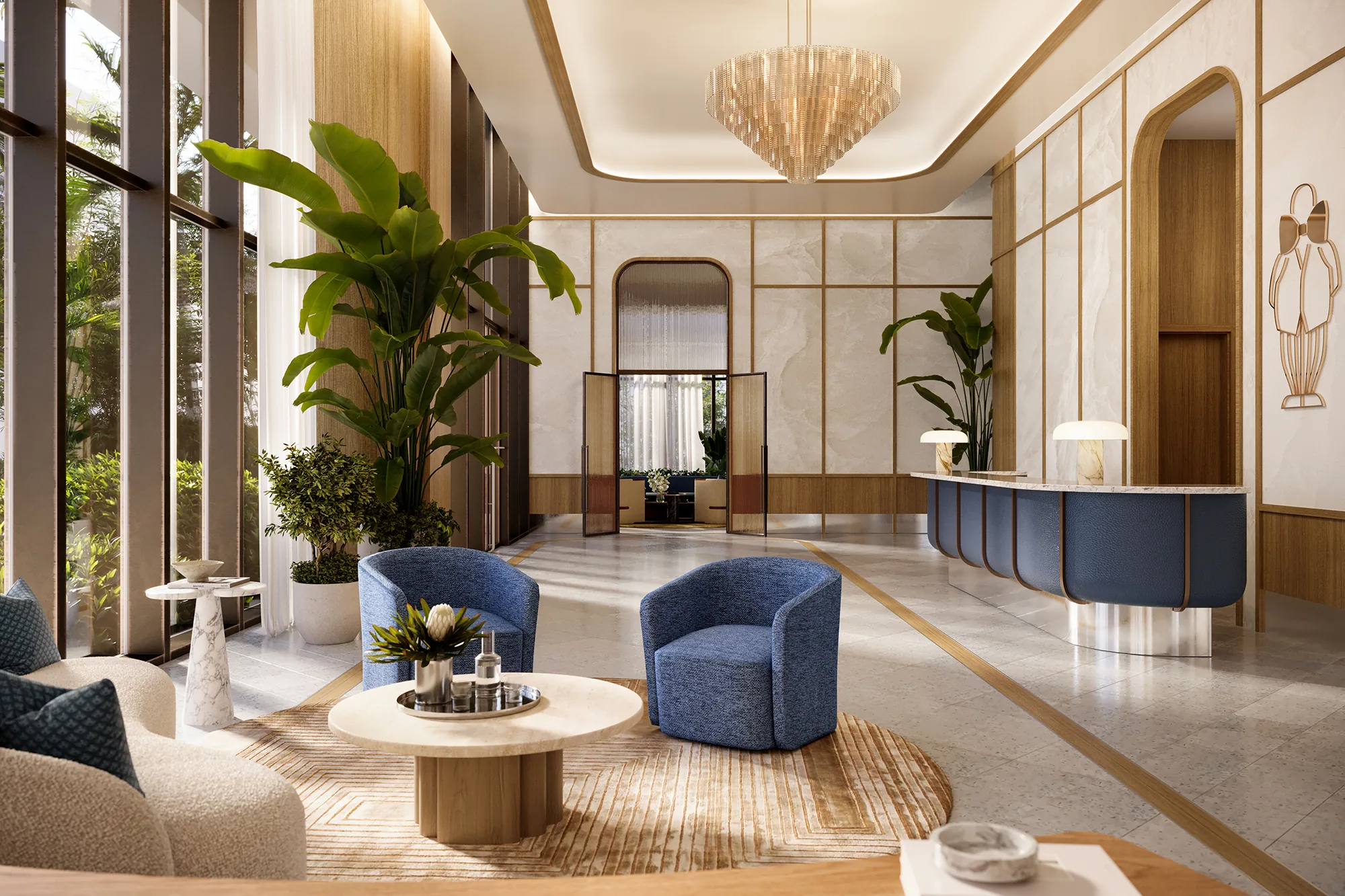 Rendering of the resident lobby with a curved reception desk