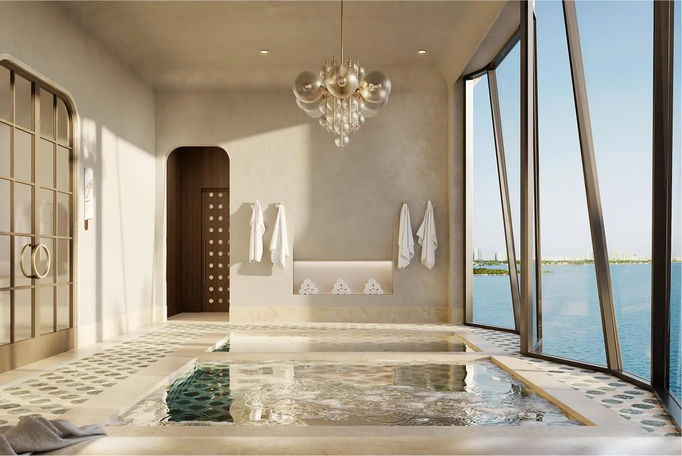 A spa with a sunken plunge pool beside a curved window wall