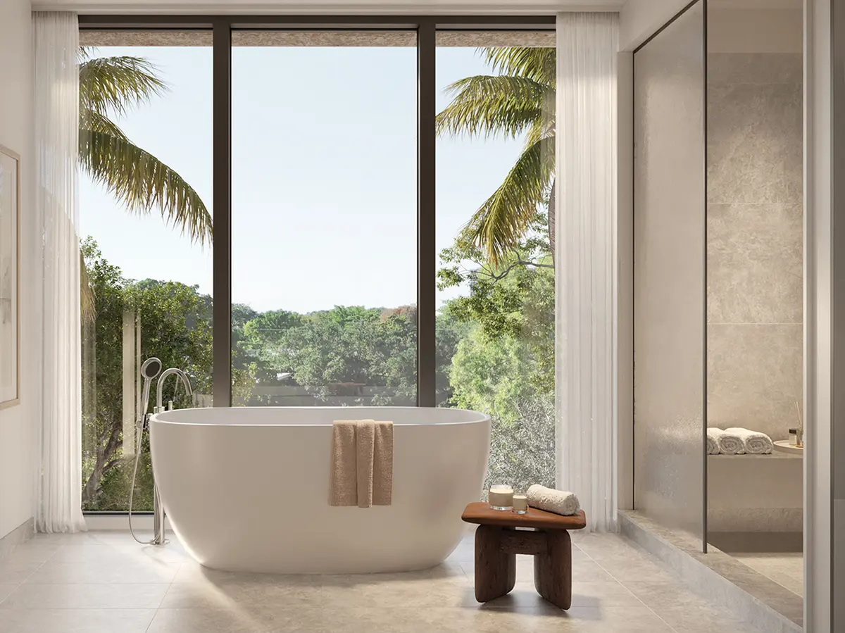 Rendering of a primary bath in natural stone