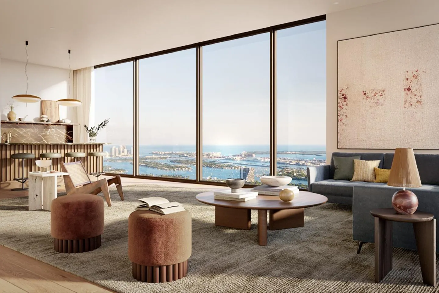 Great room of a full-floor residence with floor-to-ceiling windows