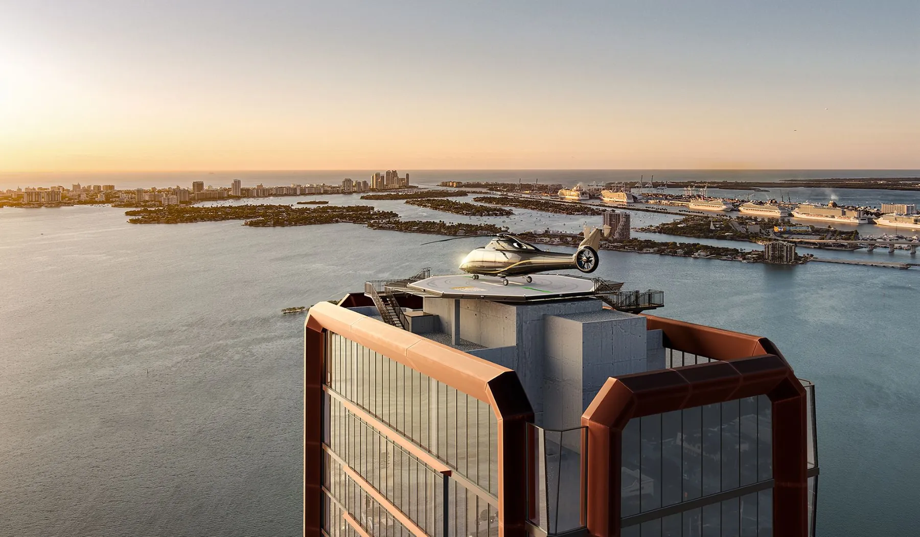 Aerial view of the penthouse crown and its helipad over the bay