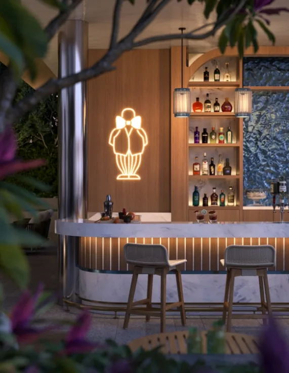 Rendering of a bar vignette with the Mr. C neon sign and warm timber shelving