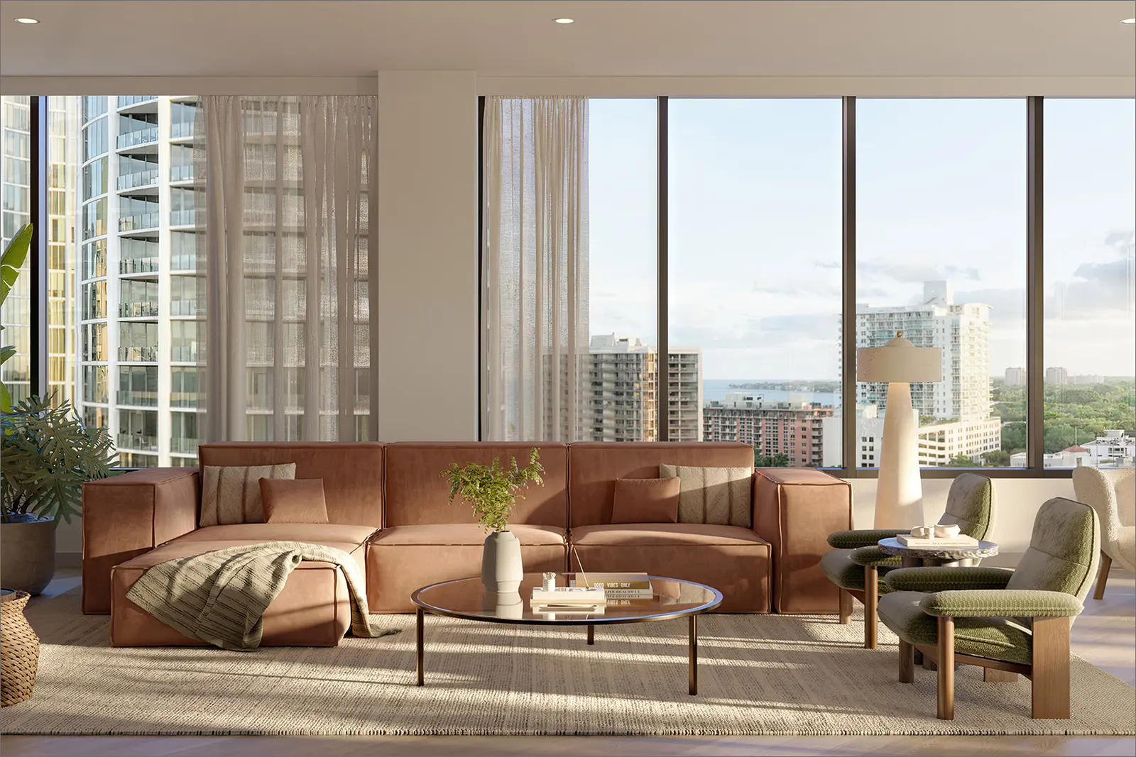 Rendering of a bright penthouse living room with large windows, neutral wood floors and soft furniture