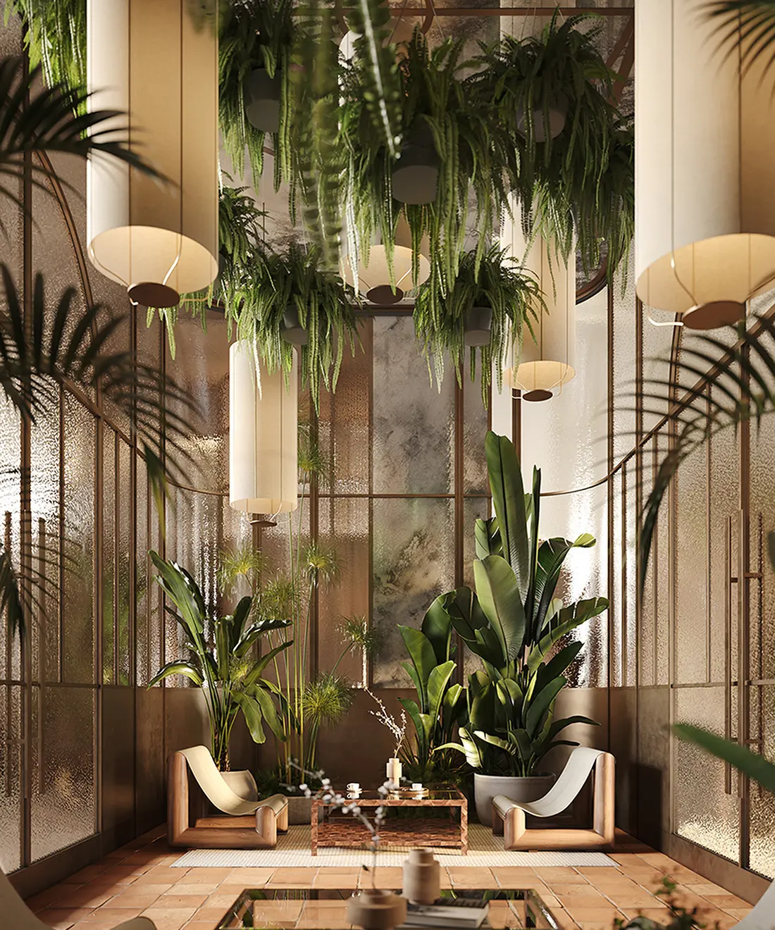 Rendering of the double-height conservatory with tropical plants and daylight