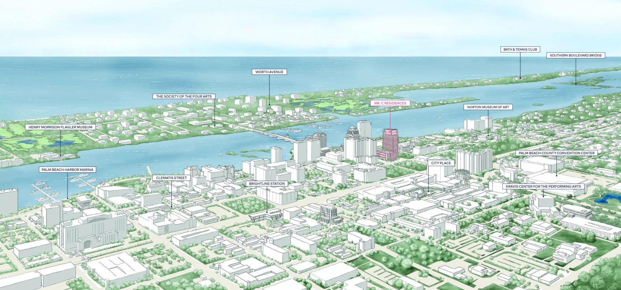 Official illustrated neighborhood map of West Palm Beach around Mr. C Residences, showing Clematis Street, CityPlace, the Norton Museum of Art and the Brightline station