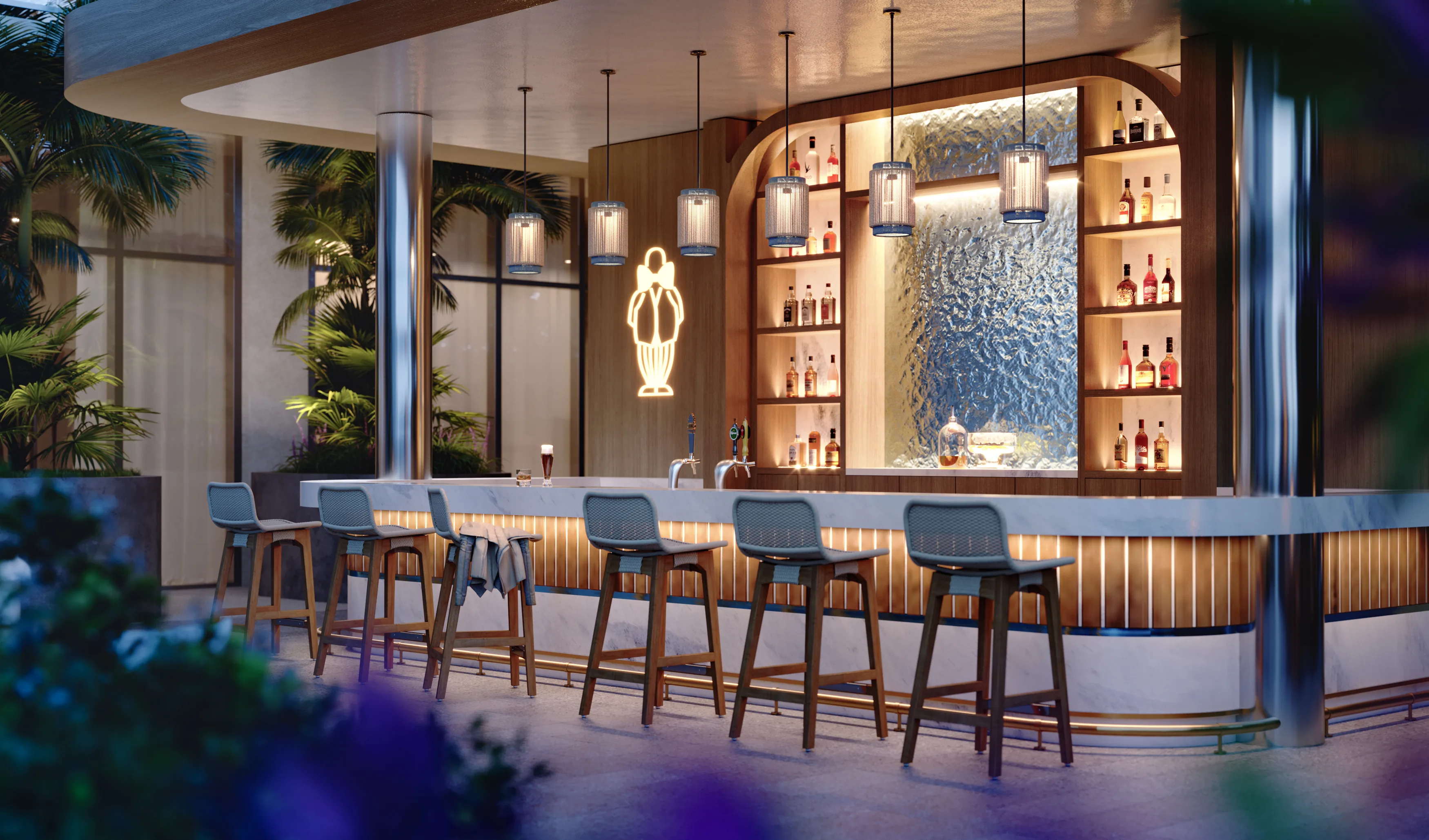 Rendering of the Bellini bar with the Mr. C neon sign