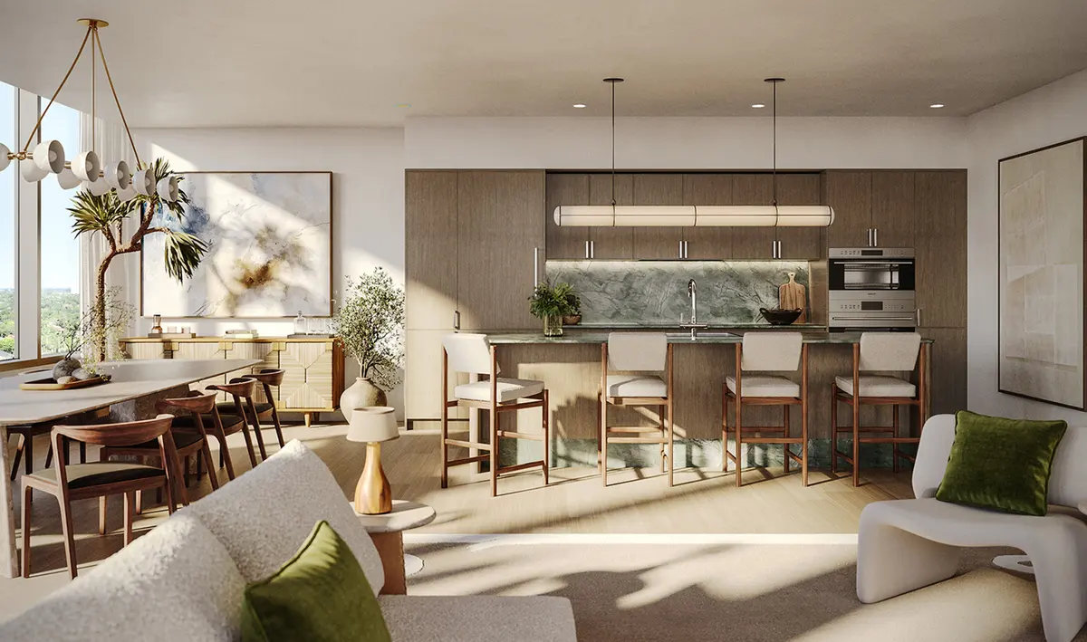 Rendering of a residence kitchen with an island and wood cabinetry