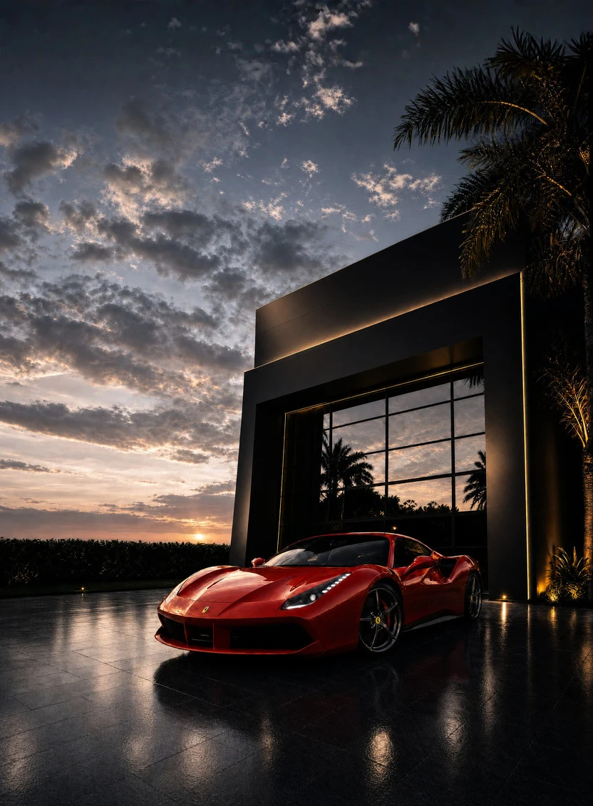 Rendering of a CollectionSuites Palm Beach suite facade at dusk with a red sports car