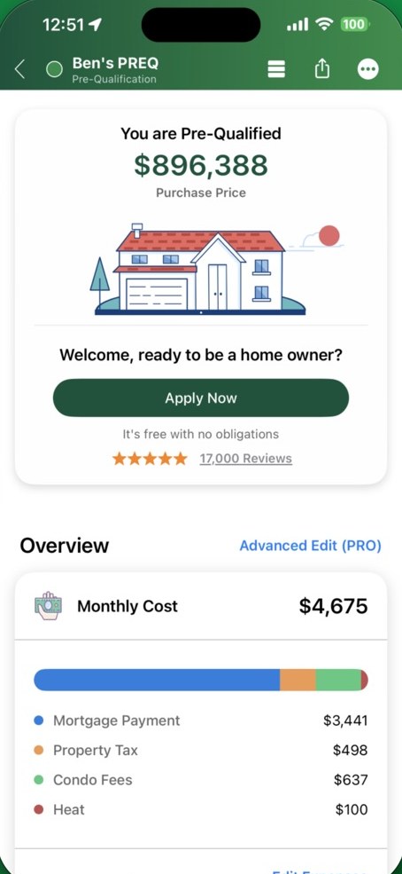Canadian Mortgage App screenshot showing a pre-qualification summary