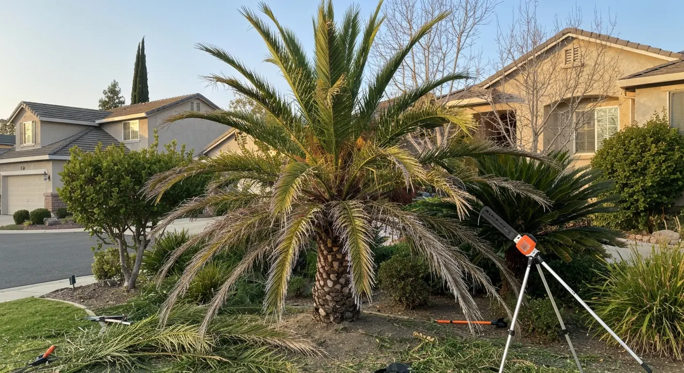 Queen palm trimming in Heritage Oaks Elk Grove