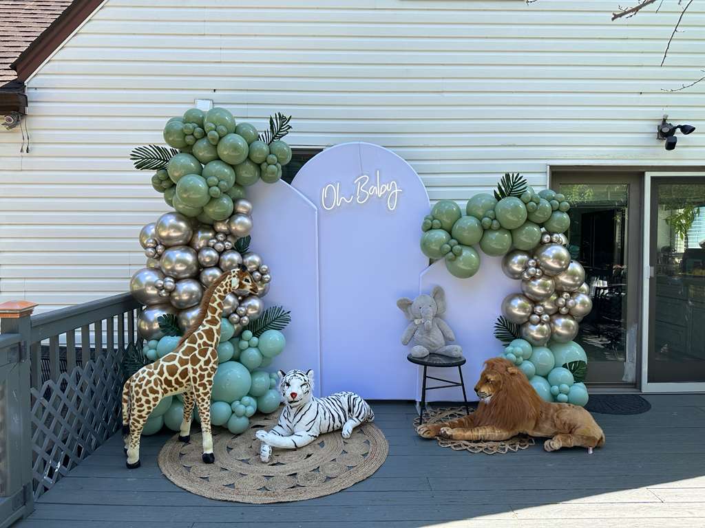 Sage and gold safari themed baby shower backdrop