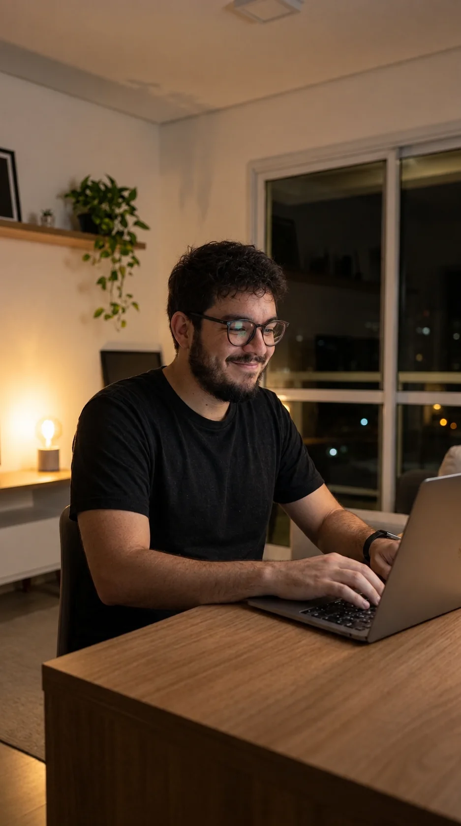 Gabriel trabajando de noche en su portátil