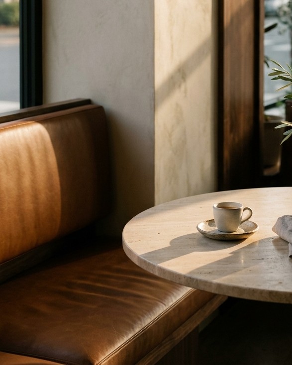 Mesa vacía de café con banqueta de cuero bajo luz de tarde