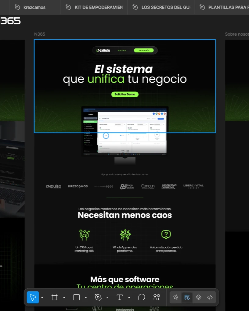 Lienzo de diseño con la página de un cliente en construcción