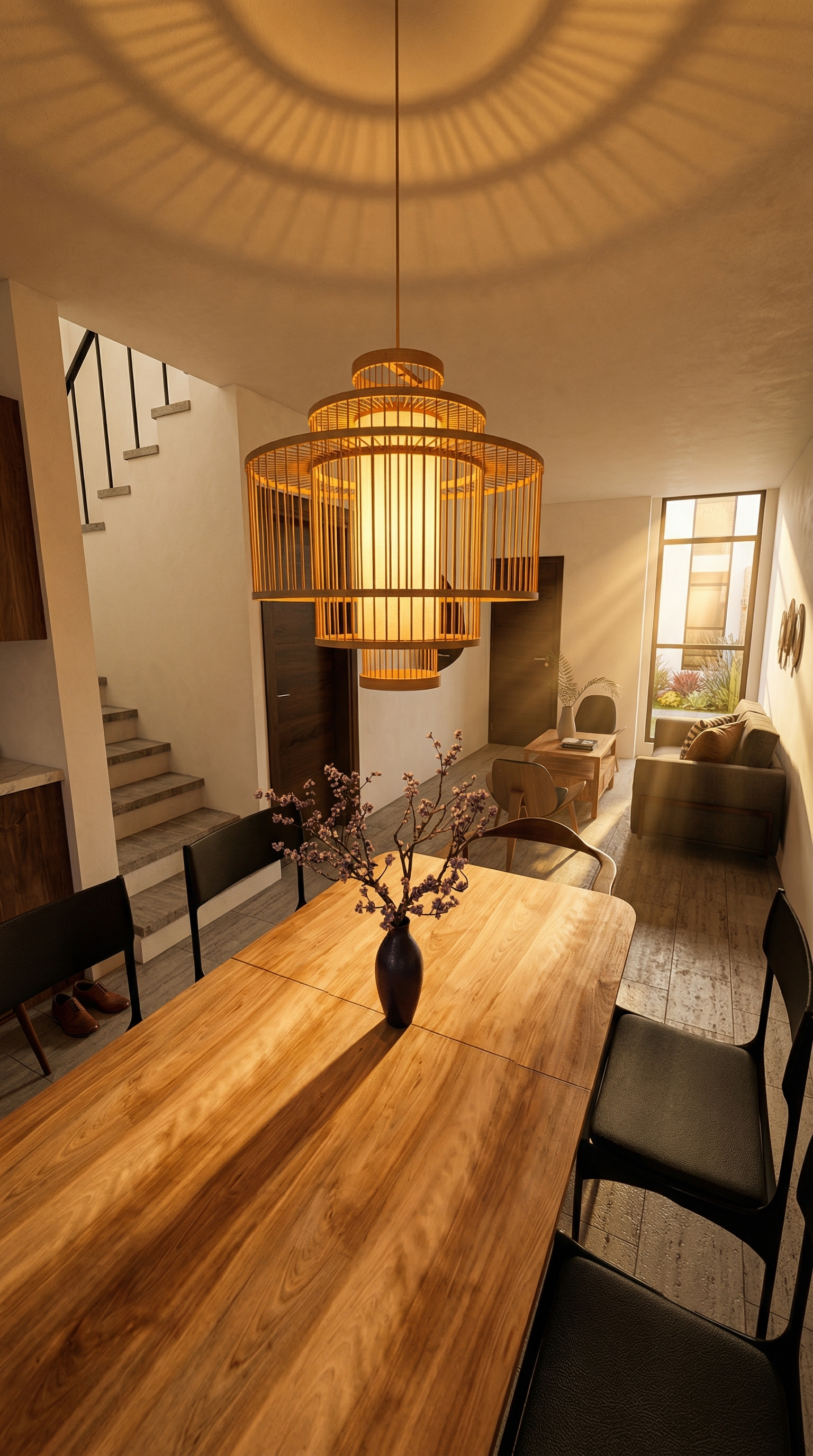 Sala del modelo Roble con doble altura, acabados premium y ventanales amplios