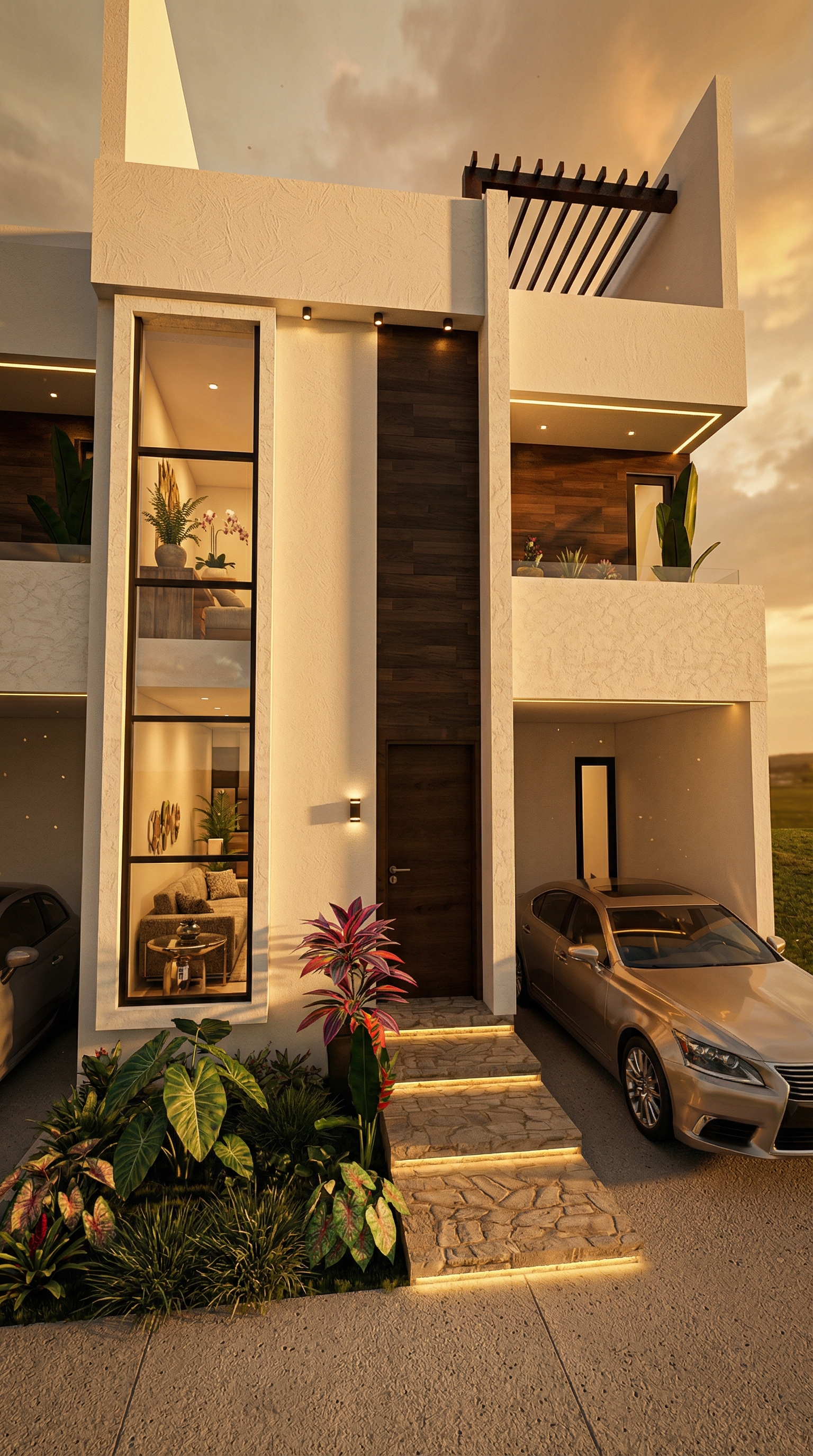 Fachada exterior del modelo Roble con acabados de piedra natural y jardin frontal