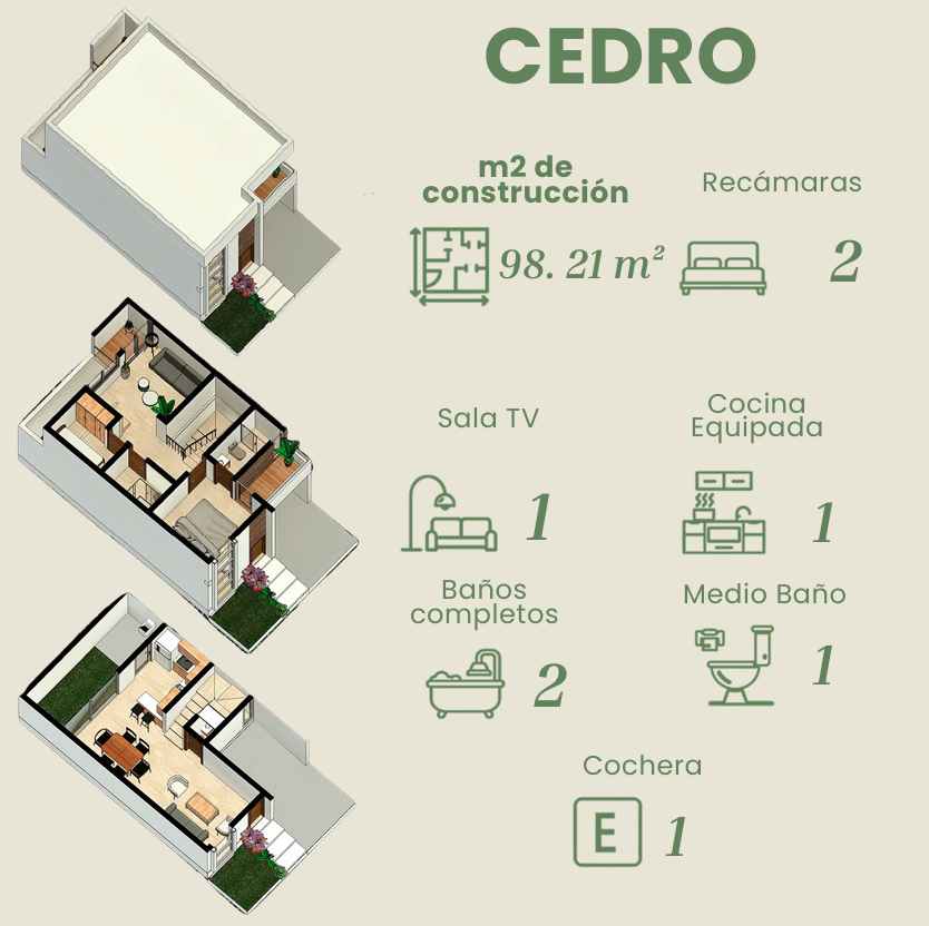 Plano arquitectonico del Modelo Cedro, 98.21 metros cuadrados