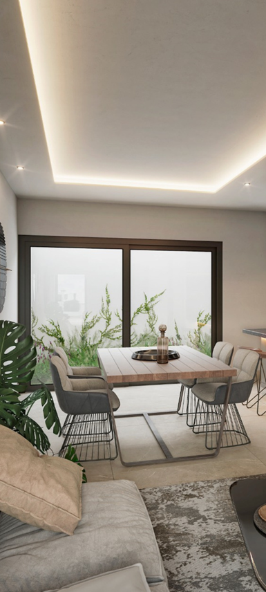 Comedor con iluminacion natural, diseno abierto y mesa para seis personas