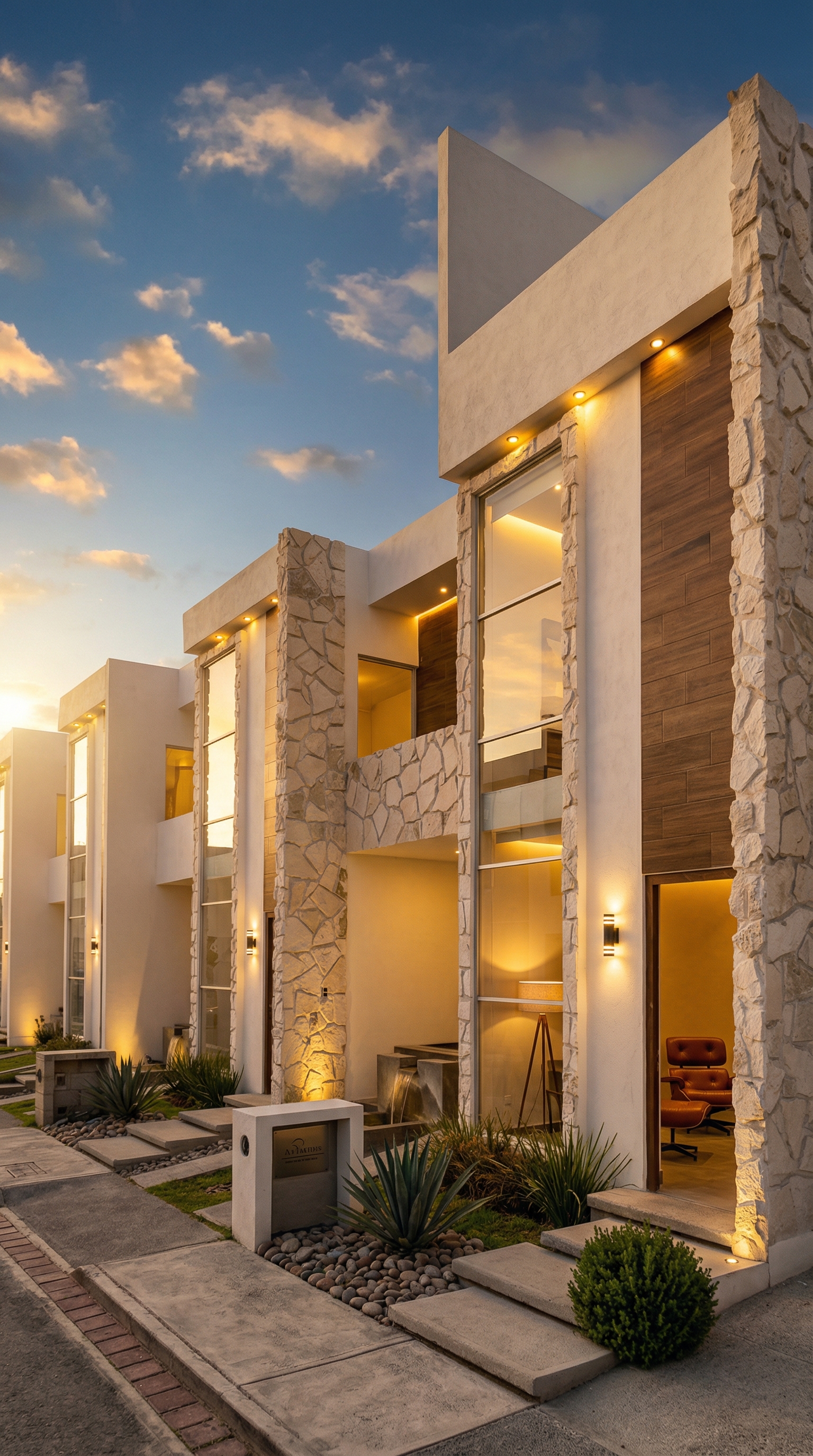 Fachada principal de casas en El Paraiso Residencial, arquitectura contemporanea con acabados de piedra y madera