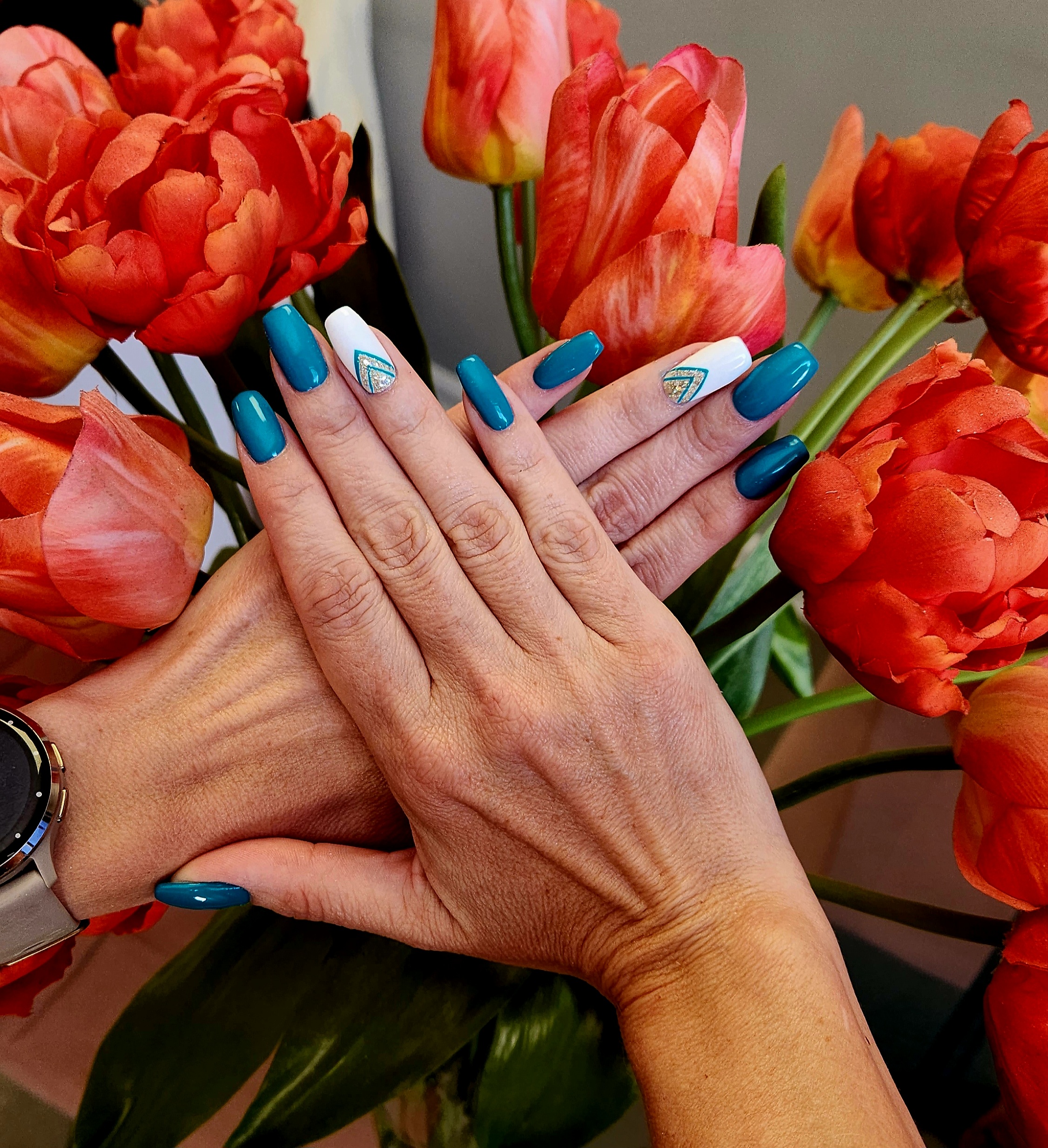 Teal geometric nail art created at Craft Hair & Beauty in Dainfern