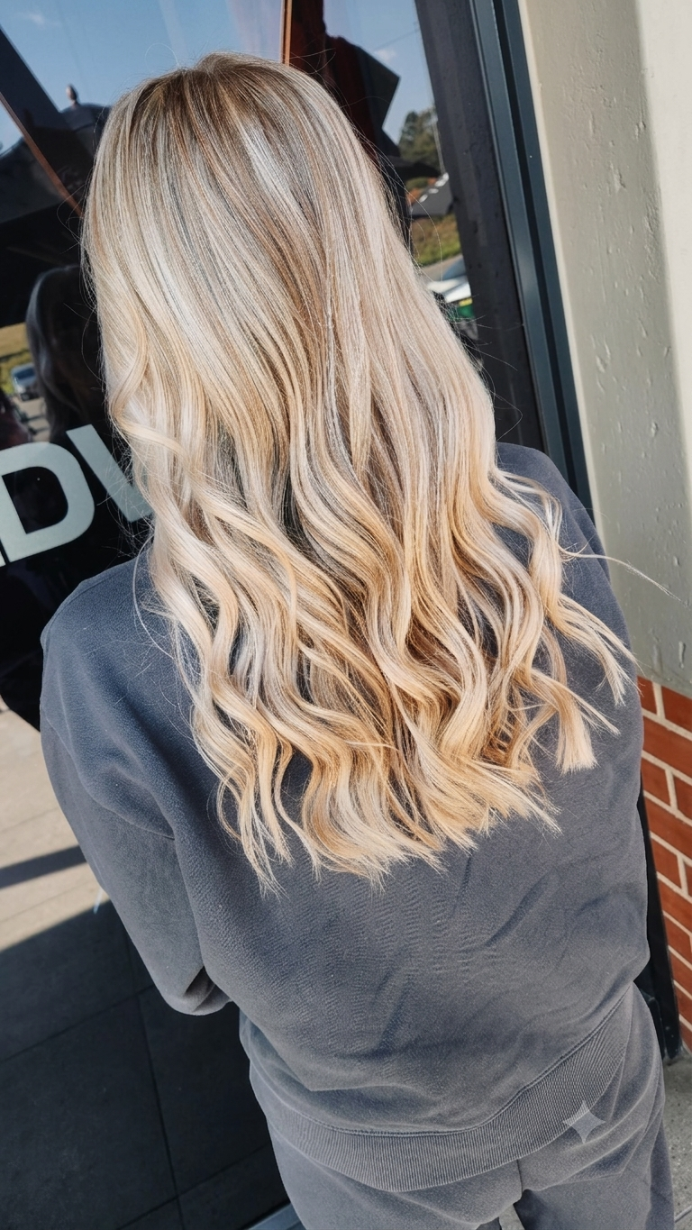 Long softly waved blonde hair created at Craft Hair & Beauty