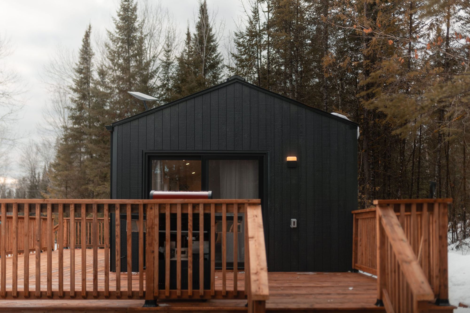 The Raspberry Retreat and its deck in winter