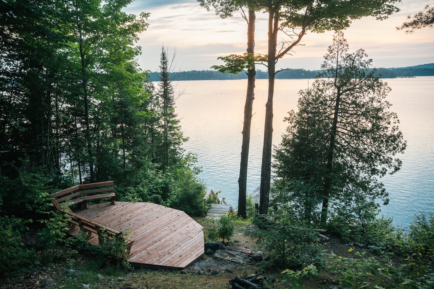 Lac Blue Sea through the pines, with a lakeside deck, Luxury Lakeside Lookout