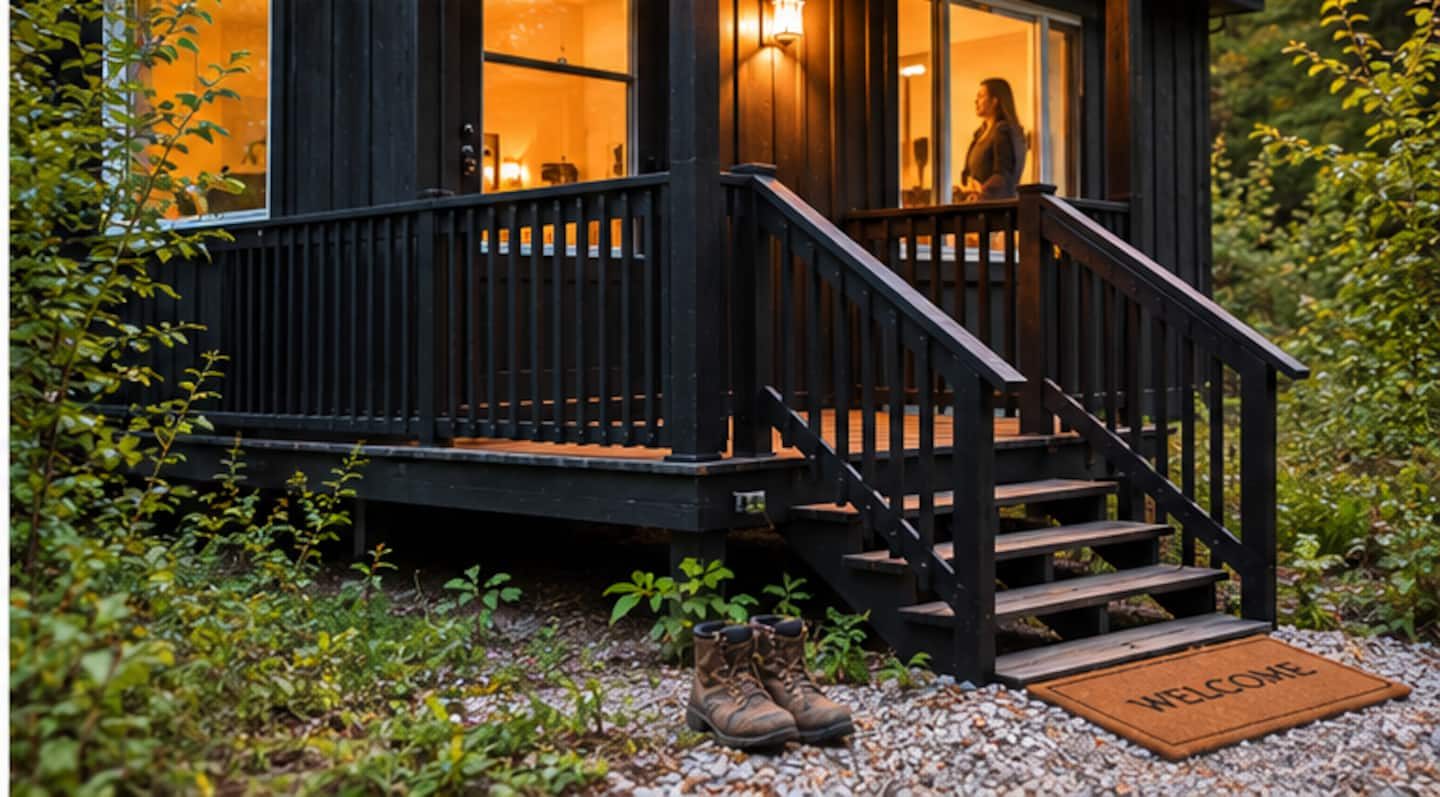 Galerie du chalet illuminée en soirée, Zen Forest Retreat