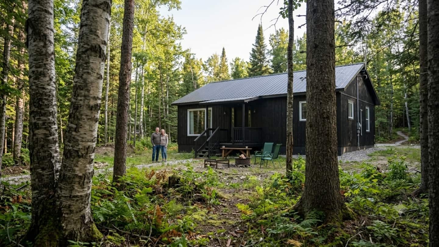 Zen Forest Retreat, a black cabin among tall trees