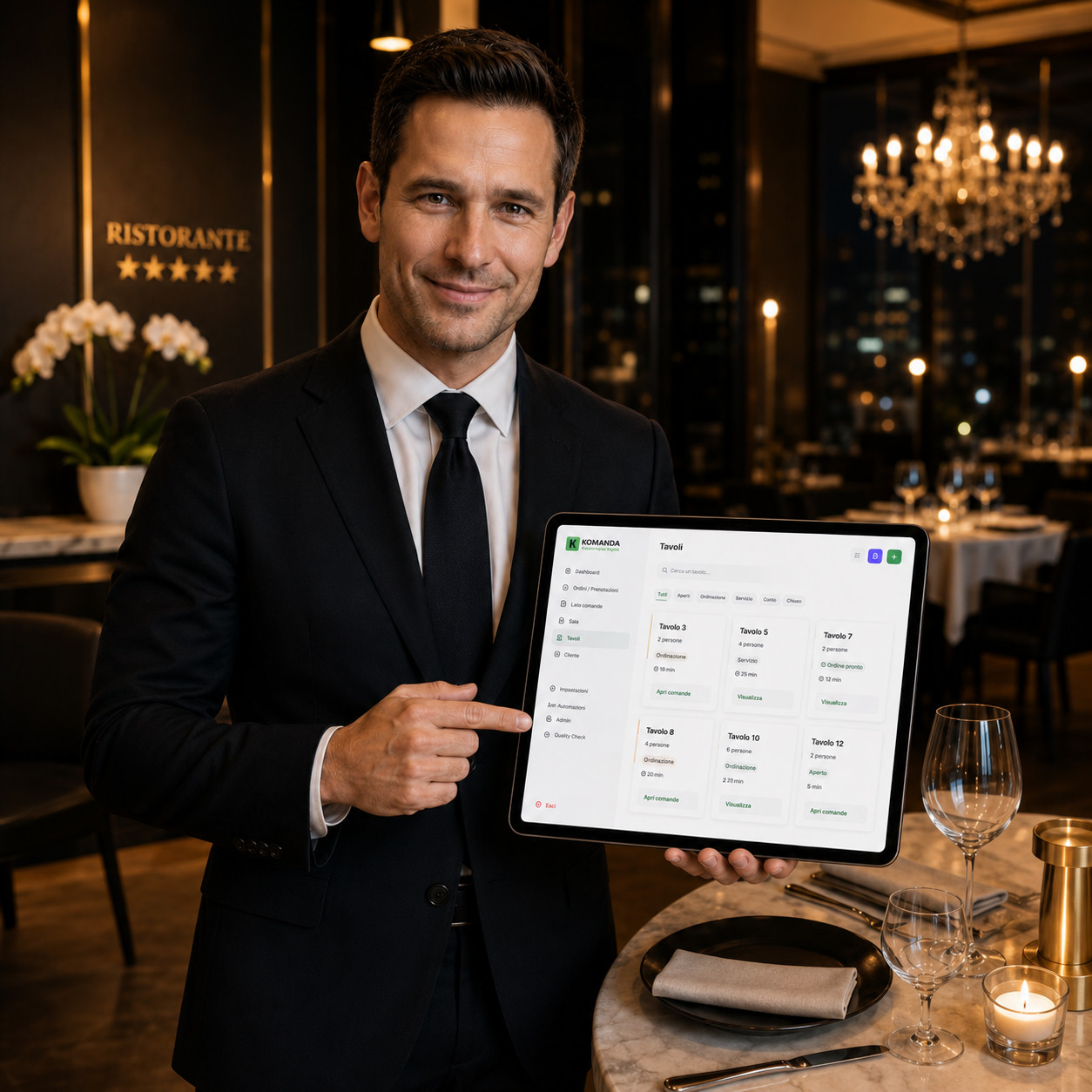 Il maître di un ristorante elegante mostra la gestione dei tavoli sul tablet con la dashboard Komanda