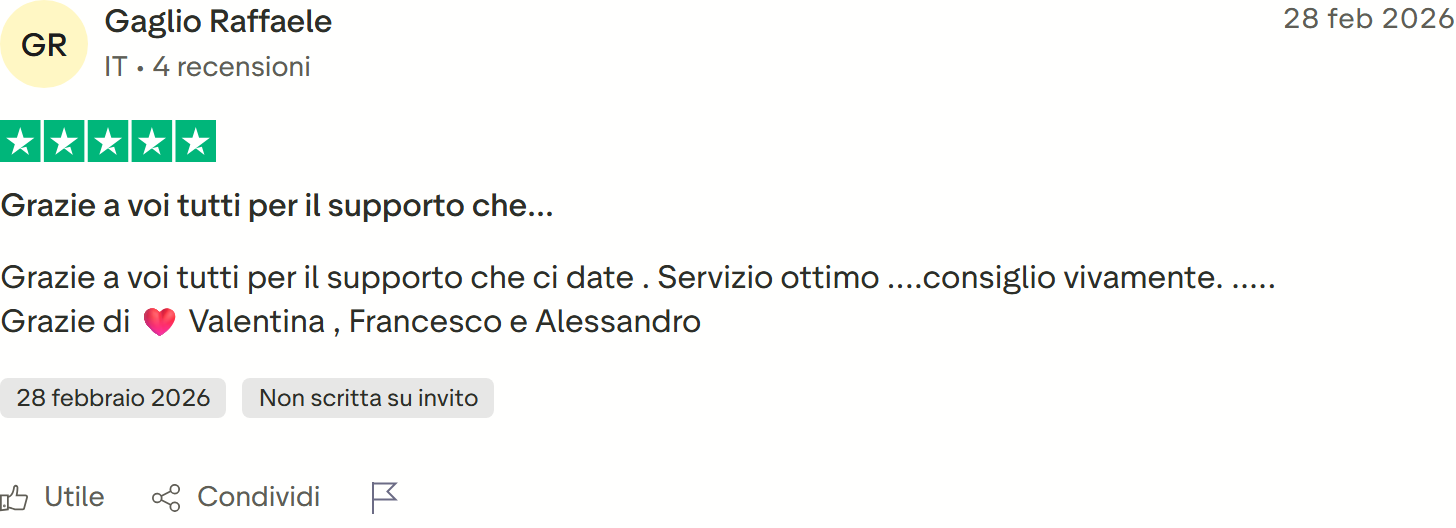 Recensione Trustpilot n. 33: Gaglio Raffaele, 5 stelle, ringrazia il team, servizio ottimo, lo consiglia