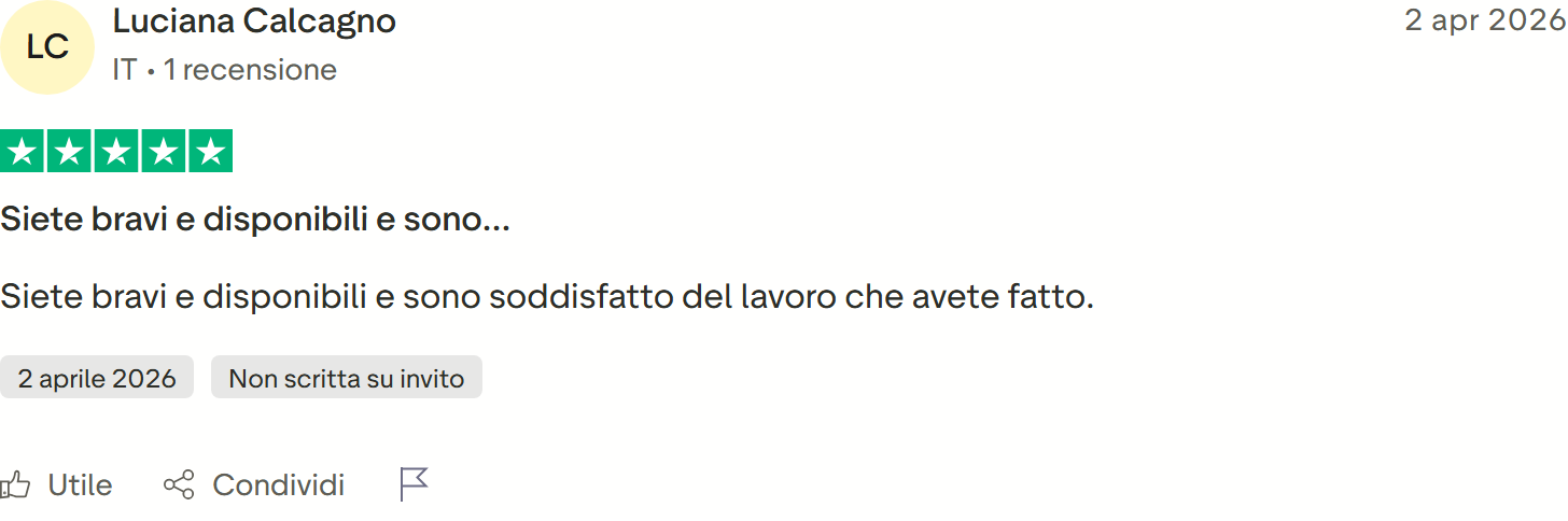 Recensione Trustpilot n. 24: Luciana Calcagno, 5 stelle, bravi e disponibili, soddisfazione per il lavoro