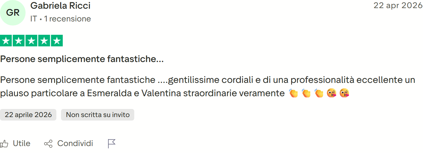 Recensione Trustpilot n. 18: Gabriela Ricci, 5 stelle, persone fantastiche, cordiali e di professionalita eccellente